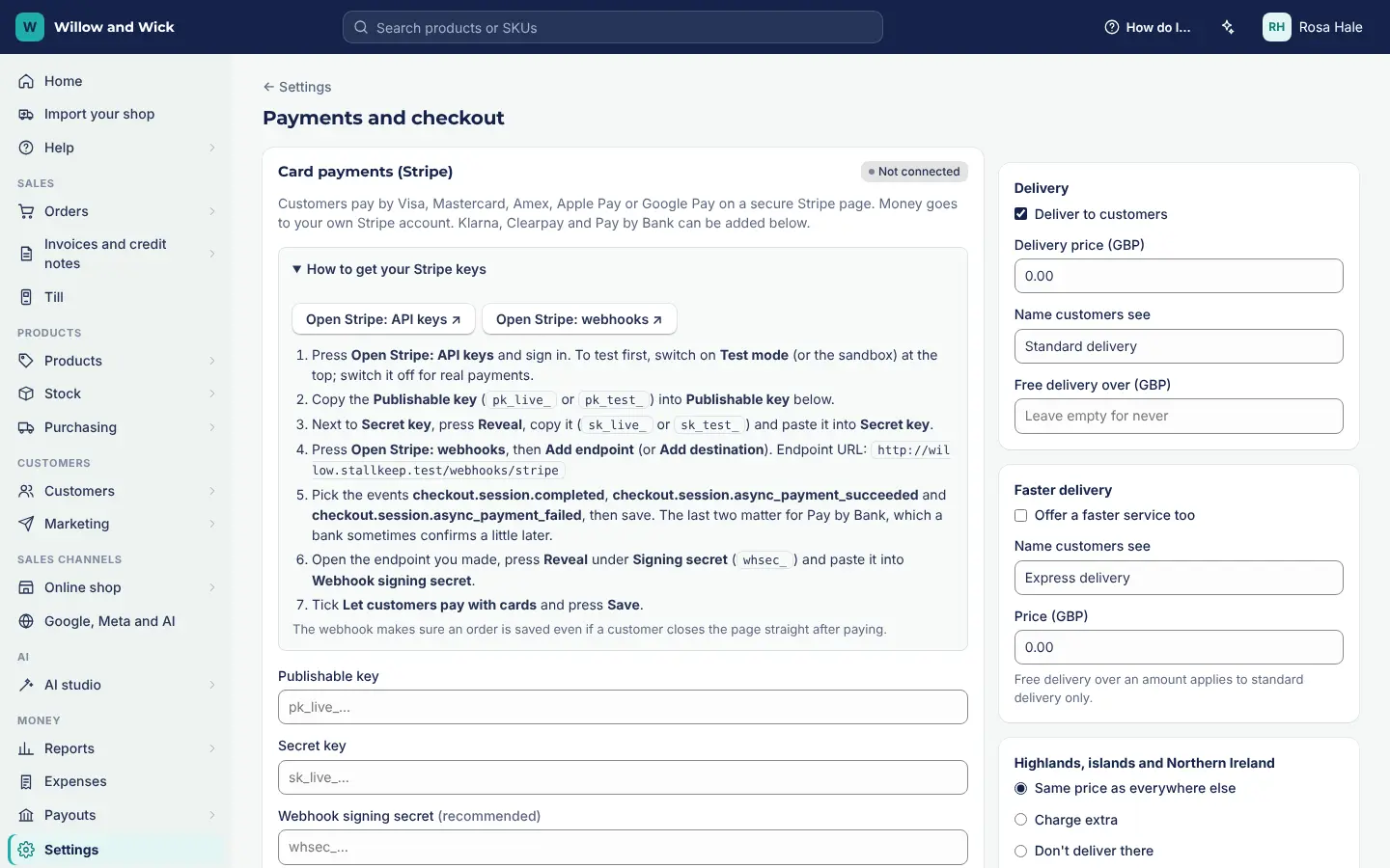 Settings, Payments and checkout in a made-up demo shop: the Stripe steps sit above the Publishable key, Secret key and Webhook signing secret boxes.