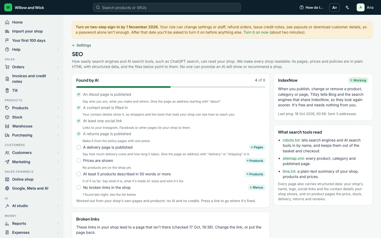 Settings, SEO in a made-up demo shop: the Found by AI checklist with a tick for each thing done, broken links below it, and IndexNow and the files search tools read at the side.